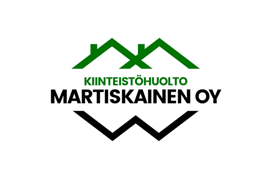 Kiinteistöhuolto Martiskainen Oy -yrityksen logo. Logon yläosassa on tummanvihreä, abstrakti katon tai talon muotoinen kuvio. Keskellä lukee valkoisella tekstillä, jonka alla on tummanvihreä varjostus, sana "KIINTEISTÖHUOLTO". Alimpana on suuri musta teksti "MARTISKAINEN OY", jonka alla on tyylitelty, kulmikas musta aaltoviiva.
