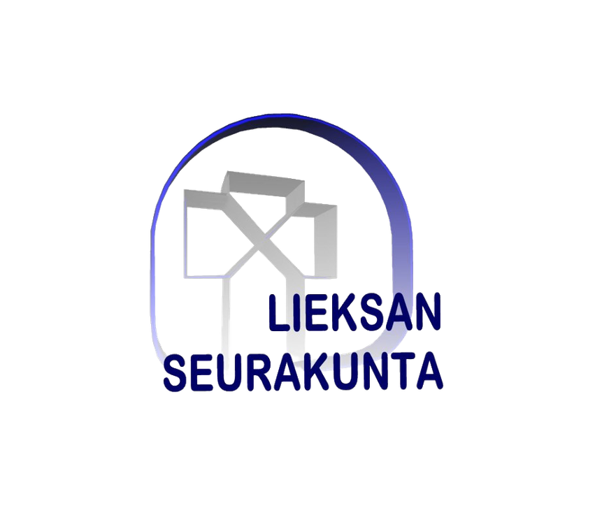 Lieksan seurakunnan logo. Sinisellä ja valkoisella värillä toteutettu graafinen merkki, jossa on tyylitelty risti- ja rakennusaihe sekä teksti "LIEKSAN SEURAKUNTA".