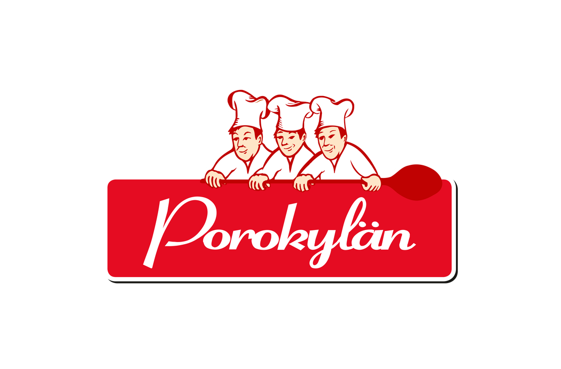 Porokyl&auml;n Leipomon logo. Logossa on punainen, py&ouml;ristetty suorakulmio, jossa on valkoisella, kursivoidulla ja koristeellisella fontilla sana "Porokyl&auml;n". Palkin yl&auml;puolella kurkistaa kolme sarjakuvamaista leipuria valkoisissa kokeenhatuissa. Palkin oikeassa reunassa n&auml;kyy tummanpunainen lusikka. Leipurien &auml;&auml;riviivat ovat punaiset. Logo on mustalla taustalla.