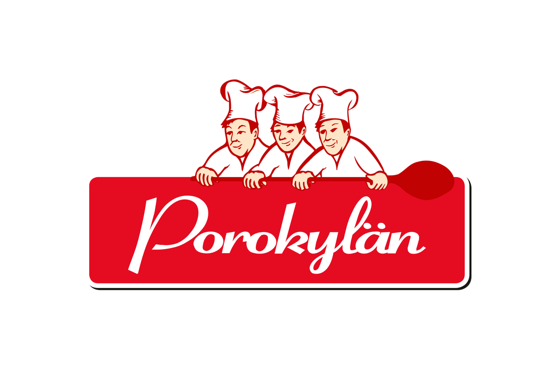 Porokyl&auml;n Leipomon logo. Logossa on punainen, py&ouml;ristetty suorakulmio, jossa on valkoisella, kursivoidulla ja koristeellisella fontilla sana "Porokyl&auml;n". Palkin yl&auml;puolella kurkistaa kolme sarjakuvamaista leipuria valkoisissa kokeenhatuissa. Palkin oikeassa reunassa n&auml;kyy tummanpunainen lusikka. Leipurien &auml;&auml;riviivat ovat punaiset. Logo on mustalla taustalla.