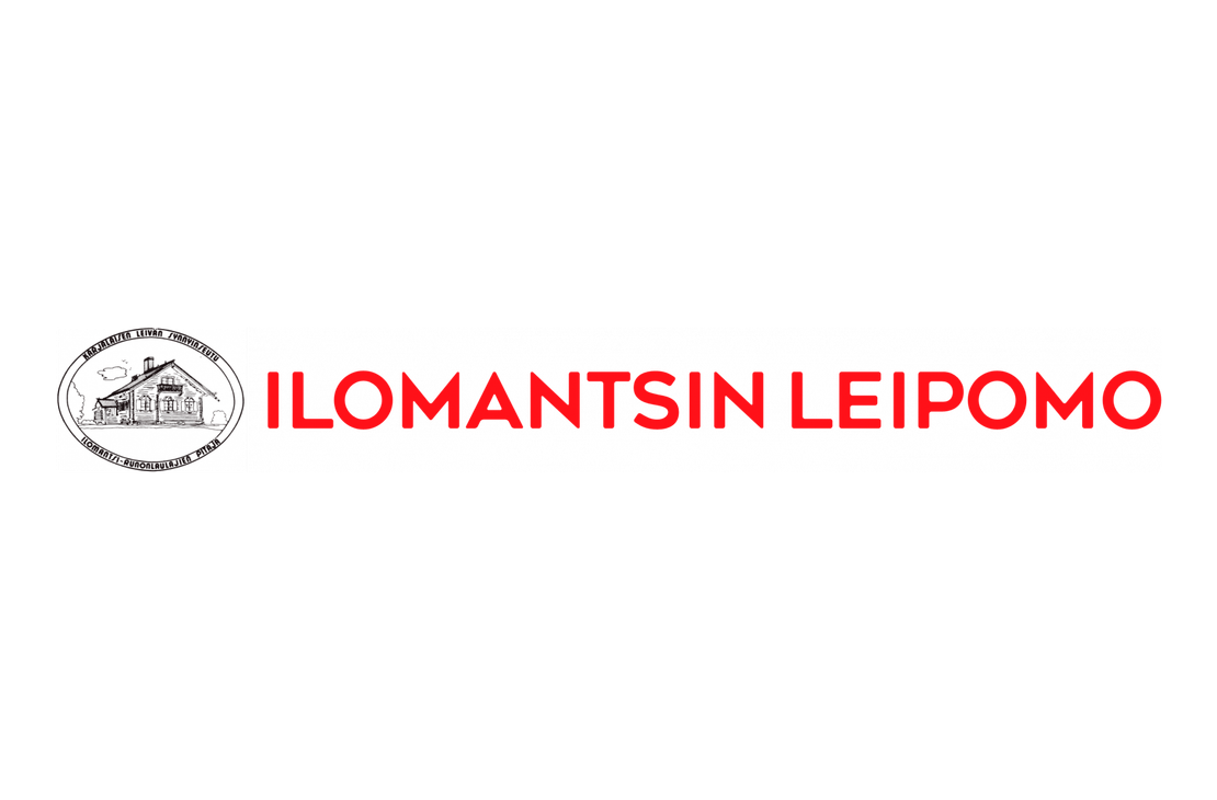 Ilomantsin Leipomo -yrityksen logo. Oikealla on suuri, kirkkaanpunainen teksti "ILOMANTSIN LEIPOMO" isolla, sans-serif-fontilla. Vasemmalla on mustavalkoinen, pyöreä tunnus, jonka sisällä on realistinen piirros vanhasta puutalosta (toimipaikasta) ja tekstiä kehän ympärillä (esim. "KARJALAN LEIPOMO PERINNELEIPOMO"). Koko logo on asetettu mustalle taustalle.