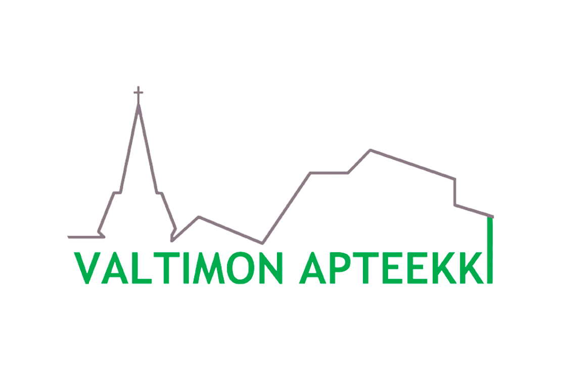 Valtimon Apteekki -logo. Logossa on harmaa, yhtenäinen ääriviivapiirros, joka esittää Valtimon taajaman siluettia, sisältäen korkean kirkontornin, jonka päällä on risti. Siluetin alla on suuri, kirkkaan vihreä teksti "VALTIMON APTEEKKI" isolla, sans-serif-fontilla. Logo on valkoisella taustalla.
