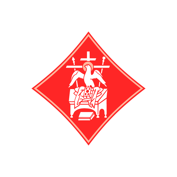 Ortodoksinen symboli tai logo, joka on sijoitettu kirkkaanpunaiseen, vinoneli&ouml;n muotoon. Logon keskell&auml; on valkoinen tai vaaleanpunainen, tyylitelty kuva ehtoollisp&ouml;yd&auml;st&auml;/alttarista ja sen yll&auml; kalkkiin laskeutuva Pyh&auml; Henki kyyhky-muodossa. Kyyhkyn takana on risti ja sivuilla miekat. Vinoneli&ouml; on reunustettu ohuella vaalealla viivalla ja sijoitettu mustalle taustalle.