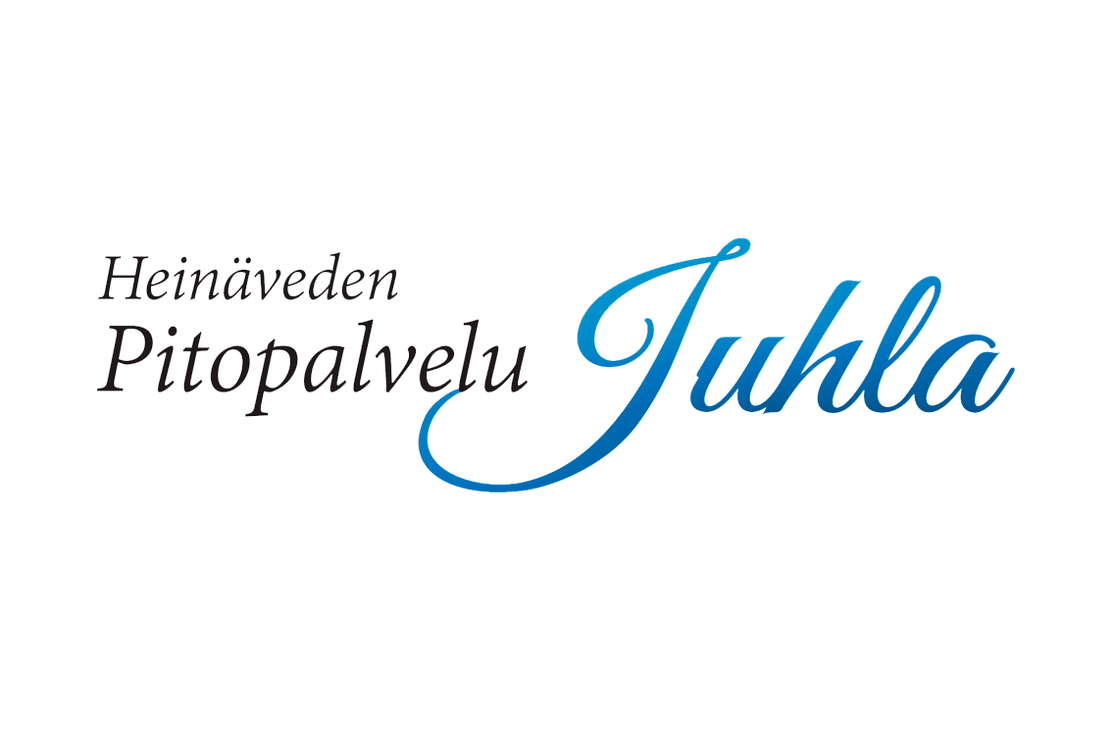 Heinäveden Pitopalvelu Juhla -yrityksen logo. Logossa on kaksi osaa: Vasemmalla lukee tummanruskealla, serif-fontilla kaksi riviä tekstiä: "Heinäveden" ja "Pitopalvelu". Oikealla lukee suuri, koristeellinen, kursivoitu ja käsin kirjoitetun näköinen sana "Juhla" sinisellä liukuvärjäyksellä. Logo on valkoisella taustalla.