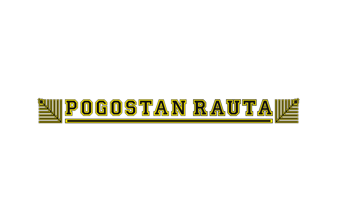 Pogostan Rauta -yrityksen logo. Logossa on suuri, lihavoitu, isoin kirjaimin kirjoitettu teksti "POGOSTAN RAUTA". Kirjaimissa on musta ääriviiva ja paksu keltainen reuna. Tekstin ylä- ja alapuolella on mustia ja keltaisia viivoja sekä molemmilla sivuilla tyylitellyt, kulmikkaat, kelta-mustat koriste-elementit, jotka muistuttavat sahaa tai tähdenkärkeä. Logo on valkoisella taustalla.
