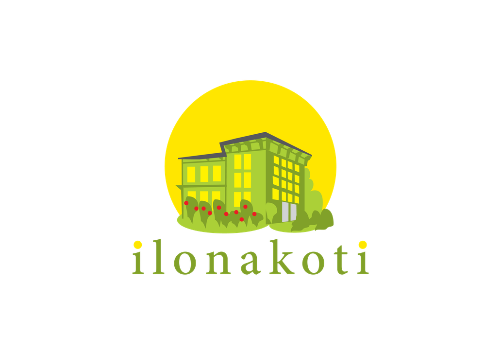 Ilonakoti-yrityksen logo. Logossa on tyylitelty, vaaleanvihreä rakennus, jonka edessä on punaisia kukkia. Rakennuksen takana nousee kirkkaankeltainen aurinko tai puolipyöreä muoto. Kuvan alapuolella on vihreällä tekstillä sana "ilonakoti". Logo on sijoitettu mustalle taustalle.