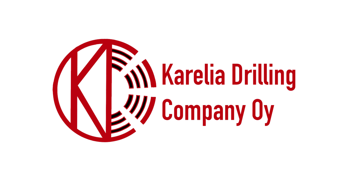 Karelia Drilling Company Oy:n logo. Vasemmalla on punainen pyöreä symboli, jonka sisällä on K-kirjain ja oikealla puolella kairausta muistuttavia kaarevia viivoja. Oikealla lukee yrityksen nimi punaisella tekstillä kahdella rivillä.