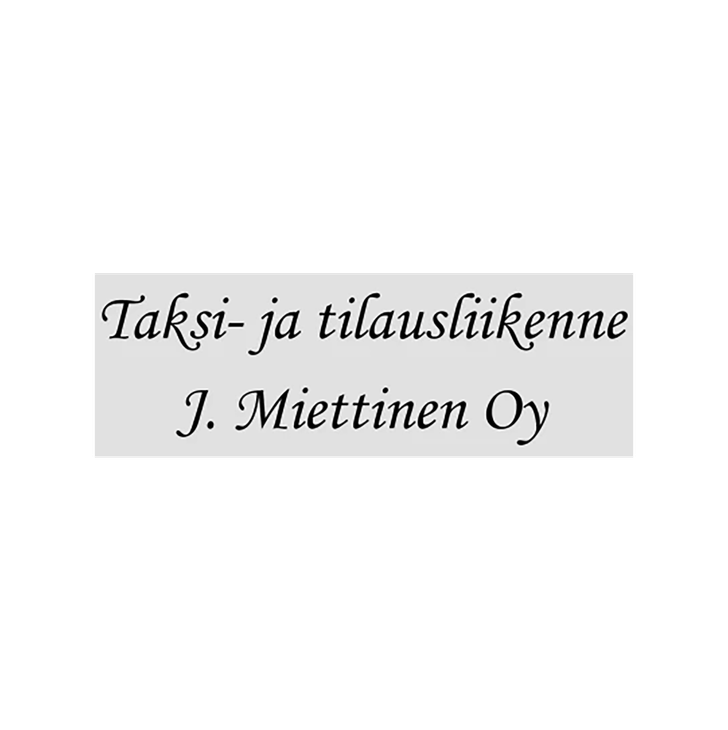 Taksi- ja tilausliikenne J. Miettinen Oy -yrityksen logo tai tunnus. Teksti on sijoitettu vaaleanharmaalle vaakasuoralle palkille. Mustalla, kursivoidulla, serif-fontilla lukee ylärivillä "Taksi- ja tilausliikenne" ja alarivillä "J. Miettinen Oy".