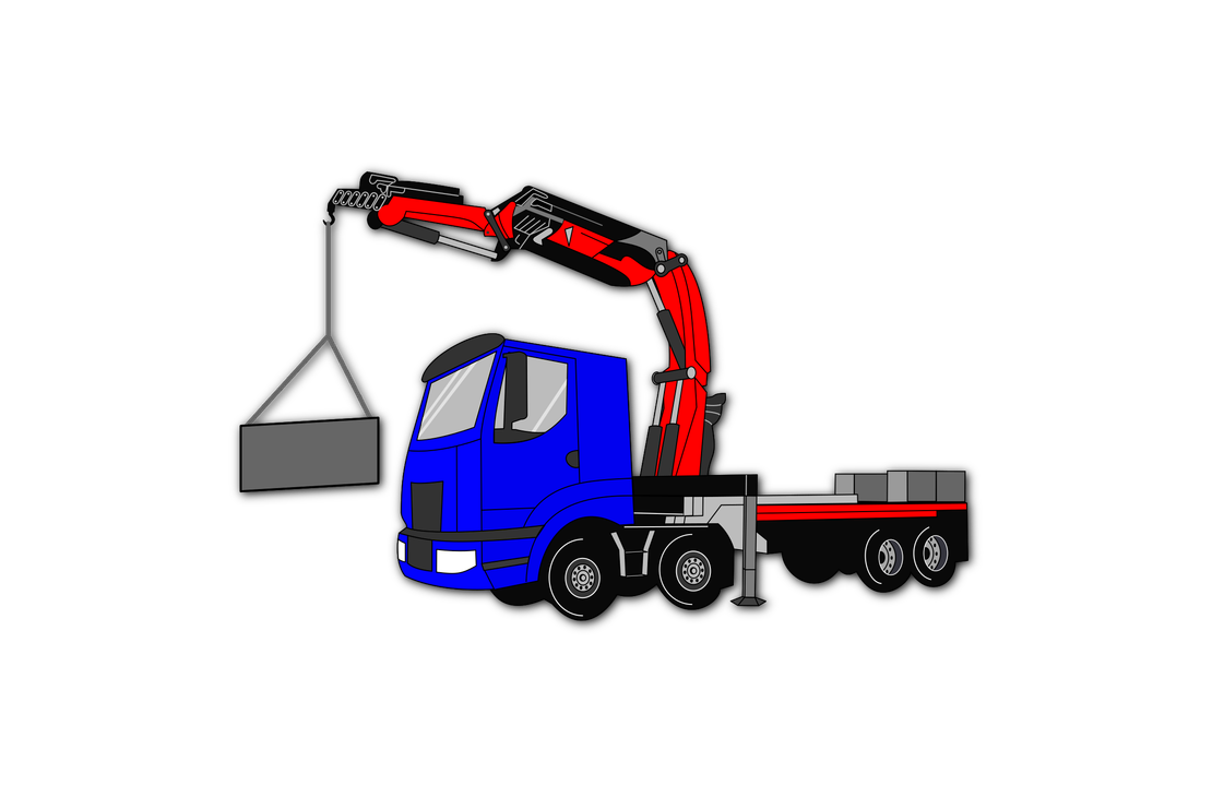 Kuljetusliike Pellikka -yrityksen logo tai grafiikka. Kuvassa on tyylitelty, sarjakuvamainen piirros sinisestä kuorma-autosta, jossa on punainen nosturi lavan päällä. Nosturi on ojennettuna ja nostaa harmaata, suorakulmion muotoista esinettä. Kuorma-auto on mustalla taustalla.