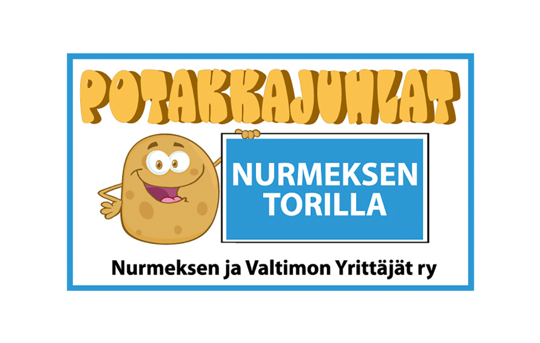 Potakkajuhlat-tapahtuman mainos tai juliste. Yl&auml;osassa on suuri, pullistettu, ruskeanoranssi 3D-teksti "POTAKKAJUHLAT". Oikealla on sarjakuvamainen, iloinen peruna-hahmo (potakka) pitelem&auml;ss&auml; sinist&auml; kyltti&auml;, jossa lukee valkoisella, isolla tekstill&auml; "NURMEKSEN TORILLA". Alareunassa lukee mustalla tekstill&auml; "Nurmeksen ja Valtimon Yritt&auml;j&auml;t ry". Koko kuvan kehys on sininen ja valkoinen.