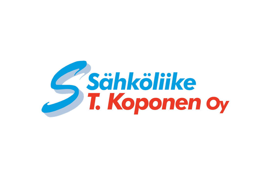 Sähköliike T. Koponen Oy -yrityksen logo. Vasemmalla on suuri, tyylitelty, sininen S-kirjain. Sen oikealla puolella on kaksi riviä tekstiä: ylärivillä sinisellä, pienemmällä fontilla "Sähköliike" ja alarivillä suuremmalla, kirkkaanpunaisella fontilla "T. Koponen Oy". Logo on valkoisella taustalla.