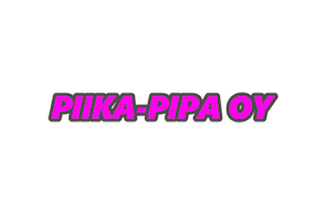 Piika-Pipa Oy -yrityksen logo. Logossa on suuri, lihavoitu, isoin kirjaimin kirjoitettu teksti "PIIKA-PIPA OY". Teksti on kirkkaan fuksianpunainen ja sitä ympäröi paksu, tummanharmaa ääriviiva. Logo on sijoitettu mustalle taustalle.