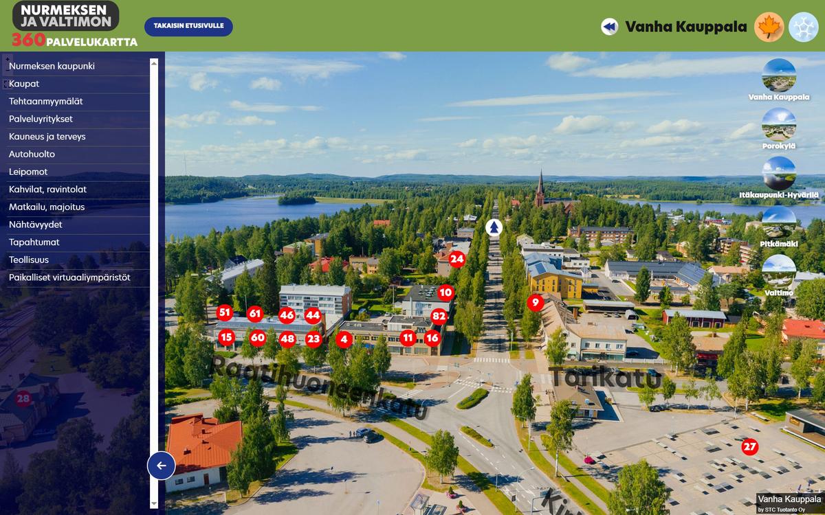 Näkymä Nurmeksen ja Valtimon 360 Palvelukartta -käyttöliittymästä. Keskellä on ilmakuva Nurmeksen Vanhan Kauppalan alueesta, jossa on numeroituja kohdemerkkejä rakennusten päällä. Vasemmassa reunassa on valikko palvelukategorioille, kuten 'Kaupat' ja 'Tehtaanmyymälät'.