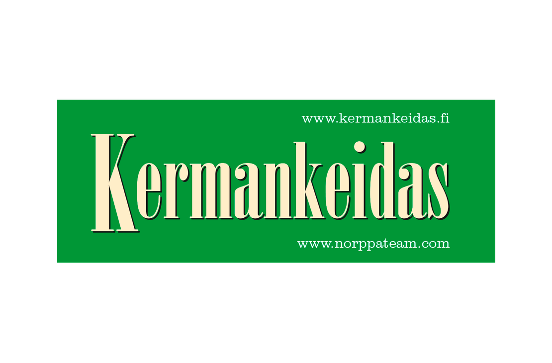 Kermankeidas-yrityksen logo tai mainos. Tausta on kirkkaan vihreä. Keskellä on suuri, vaalean beigenvärinen teksti "Kermankeidas" tyylikkäällä, isolla serif-fontilla. Yläoikealla lukee pienemmällä, valkoisella tekstillä verkkosivun osoite "www.kermankeidas.fi". Alaoikealla lukee toinen verkkosivun osoite: "www.norppateam.com".