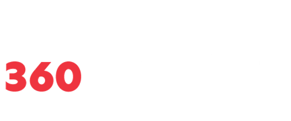 Heinäveden 360 Palvelukartta -logo. Ylärivillä lukee valkoisella "Heinäveden". Alarivillä on punainen teksti "360" ja valkoinen "PALVELUKARTTA".