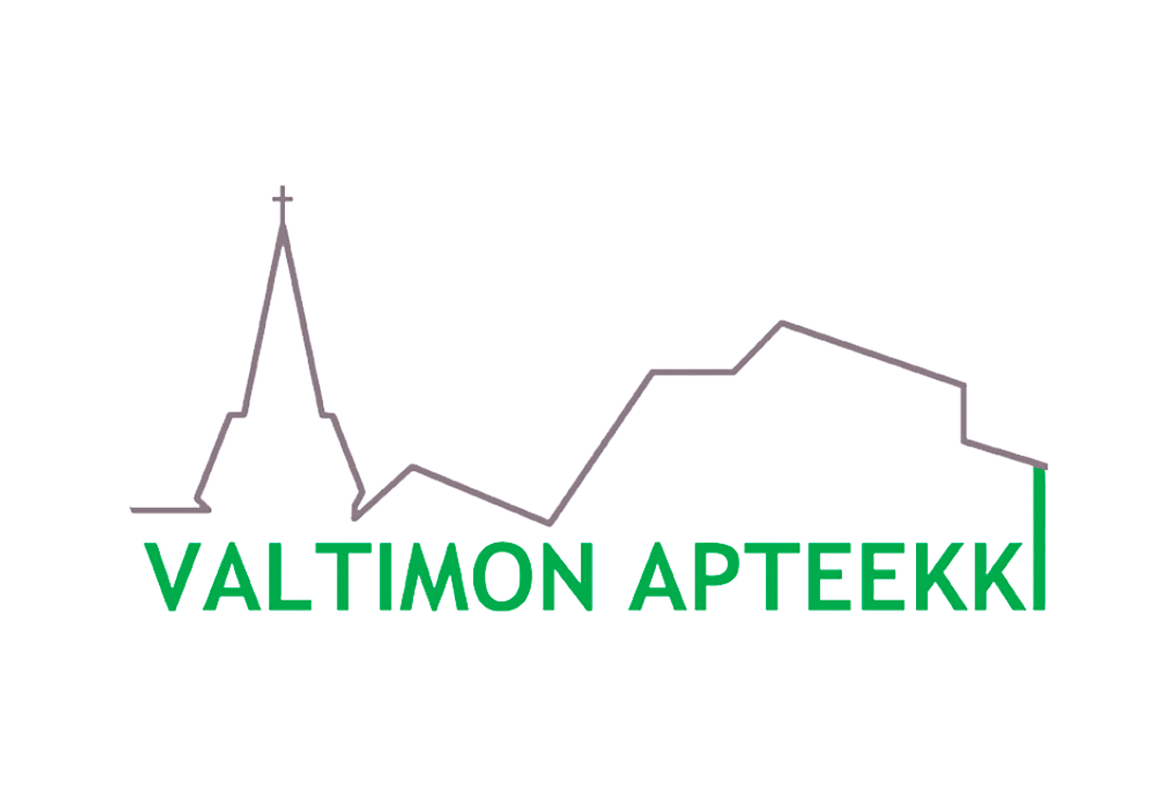 Valtimon Apteekki -logo. Logossa on harmaa, yhtenäinen ääriviivapiirros, joka esittää Valtimon taajaman siluettia, sisältäen korkean kirkontornin, jonka päällä on risti. Siluetin alla on suuri, kirkkaan vihreä teksti "VALTIMON APTEEKKI" isolla, sans-serif-fontilla. Logo on valkoisella taustalla.