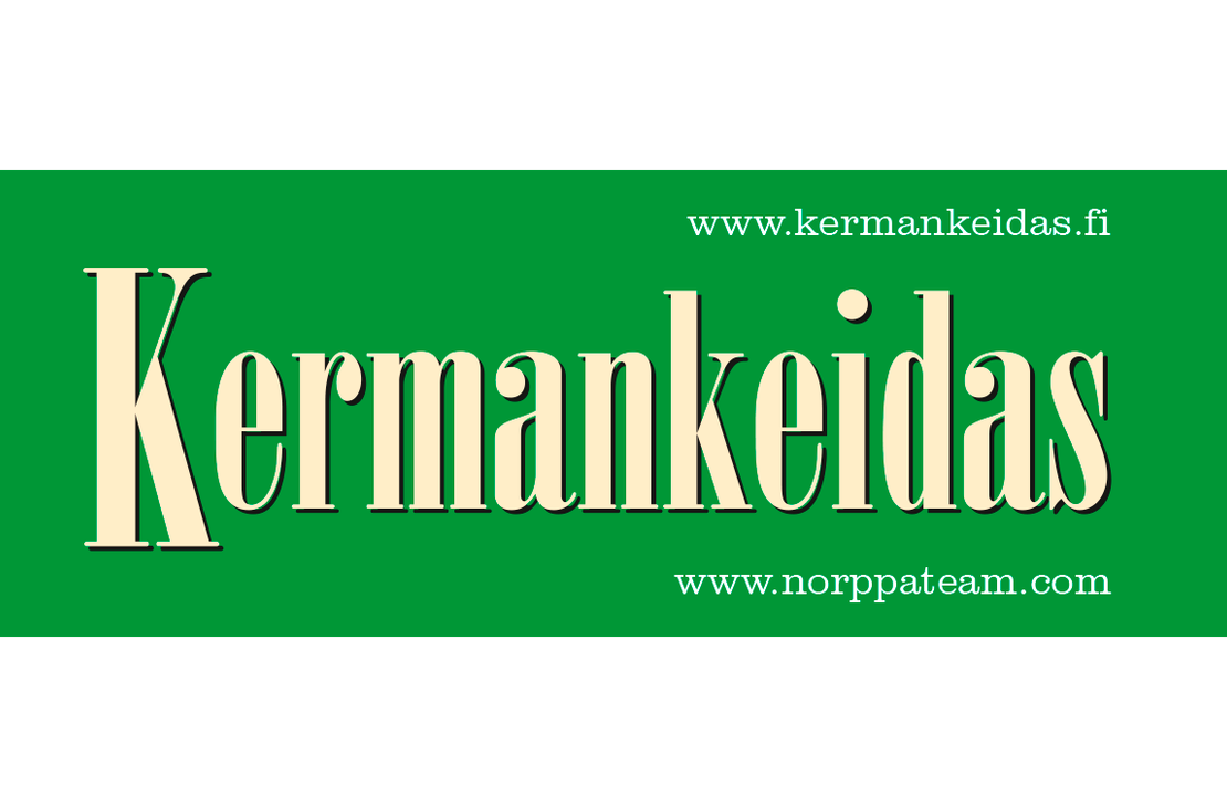 Kermankeidas-yrityksen logo tai mainos. Tausta on kirkkaan vihreä. Keskellä on suuri, vaalean beigenvärinen teksti "Kermankeidas" tyylikkäällä, isolla serif-fontilla. Yläoikealla lukee pienemmällä, valkoisella tekstillä verkkosivun osoite "www.kermankeidas.fi". Alaoikealla lukee toinen verkkosivun osoite: "www.norppateam.com".