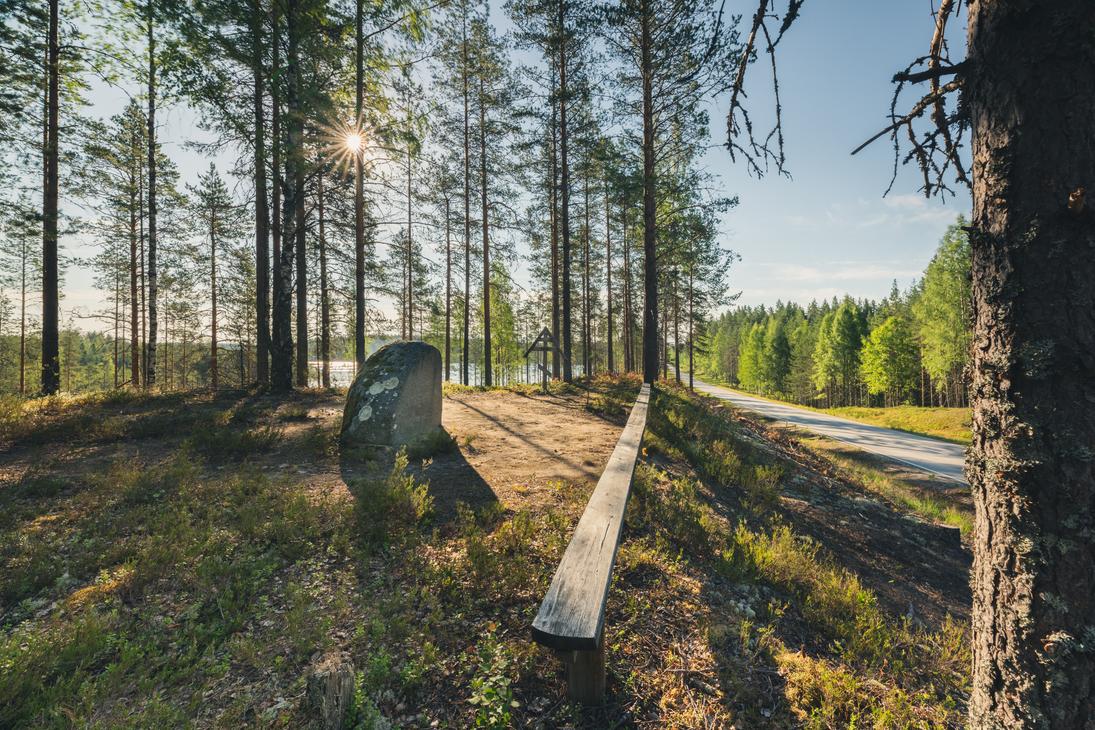 Aurinkoinen mäntymetsämaisema tien varrella. Keskellä maastoa on muistomerkki tai kivi ja puinen penkki, ja taustalla häämöttää järvi.