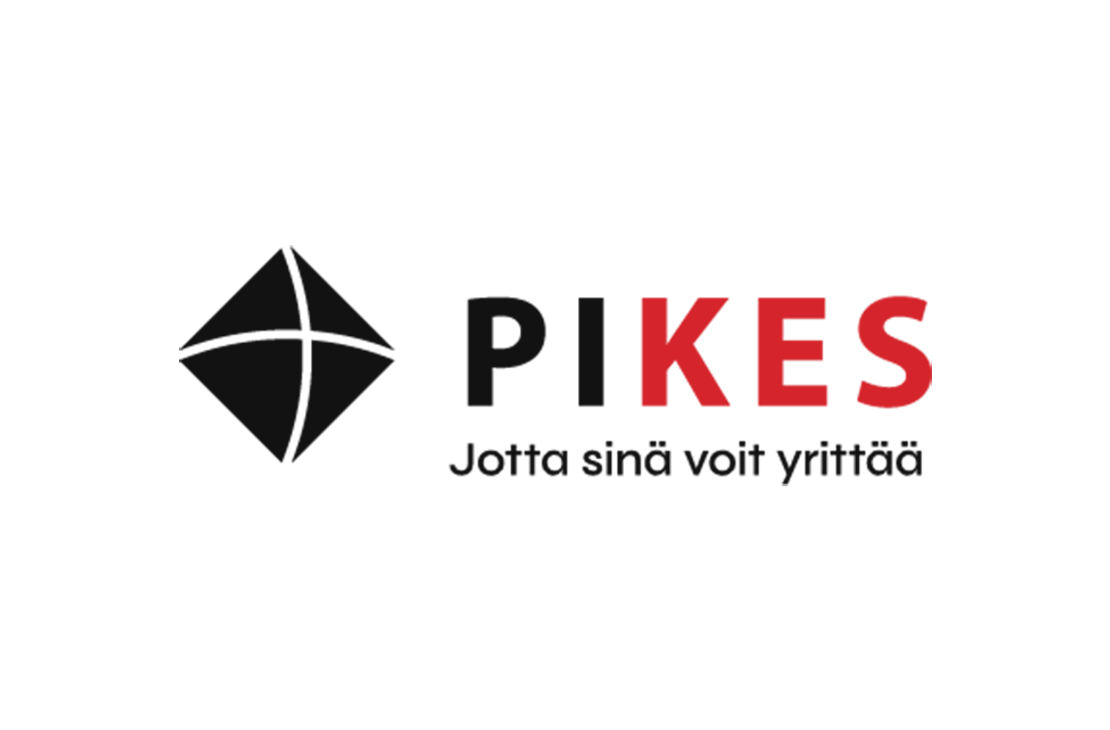 PIKES - Jotta sinä voit yrittää -yrityksen logo. Logossa on vasemmalla tummanharmaa, tyylitelty, neliönmuotoinen, vinossa asennossa oleva symboli, joka on jaettu neljään osaan kaarevalla ristillä. Oikealla on suuri, lihavoitu teksti "PIKES", jossa kirjaimet "PIK" ovat mustia ja "ES" punaisia. Sen alapuolella lukee mustalla tekstillä iskulause "Jotta sinä voit yrittää". Logo on valkoisella taustalla.