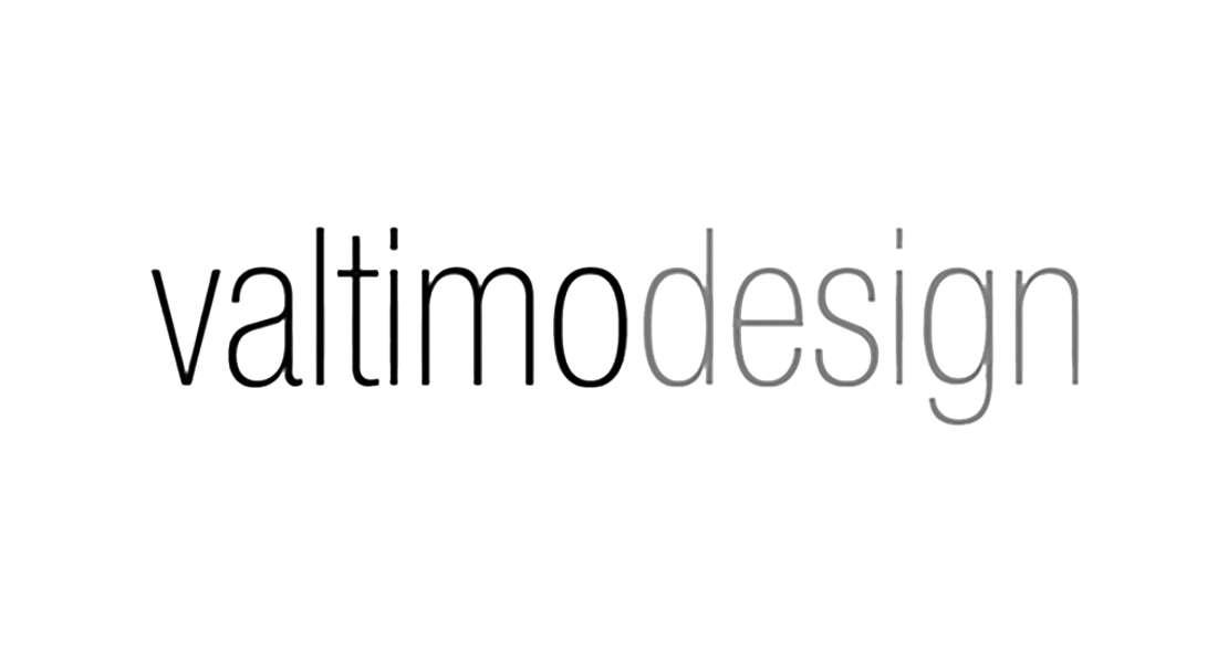 Valtimo Design -yrityksen logo. Logossa on sanat "valtimodesign" yhtenä sanana, pienillä, ohuilla kirjaimilla kirjoitettuna. Sanan "valtimo" kirjaimet ovat mustia, ja sanan "design" kirjaimet ovat tummanharmaita. Logo on valkoisella taustalla.