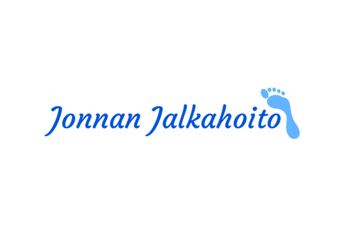 Jonnan Jalkahoito -yrityksen logo. Logossa on kirkkaan sininen, kursivoitu teksti "Jonnan Jalkahoito". Sanan "Jalkahoito" oikealla puolella on vaaleansininen, tyylitelty jalanjäljen siluetti (jalan yläosa). Logo on mustalla taustalla.