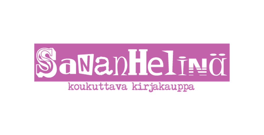 Sananhelinä-yrityksen logo. Logossa on vaalean violetti (liila), suorakulmion muotoinen tausta. Ylärivillä lukee valkoisella, isolla fontilla sana "SananHelinä", jossa jokainen kirjain on eri fonttityyliä, muunnelmaa tai kokoa, luoden leikkisän ja epäsäännöllisen vaikutelman. Sen alapuolella on toinen rivi valkoista tekstiä, joka on epäselvä, mutta siinä on aaltoilevia muotoja.