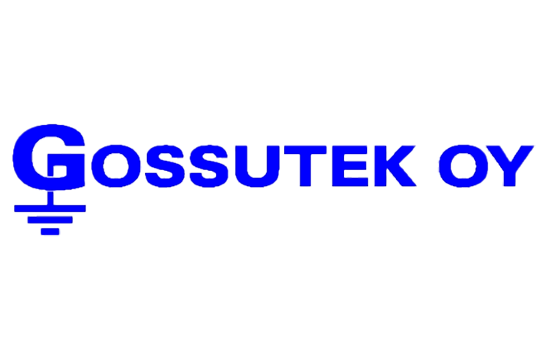 Gossutek Oy -yrityksen logo. Logossa on kirkkaan sinisellä, isolla fontilla kirjoitettu teksti "Gossutek Oy". G-kirjain on tyylitelty siten, että sen alaosasta ulottuu alaspäin maadoitussymboli (maadoitusmerkki). Logo on valkoisella taustalla.