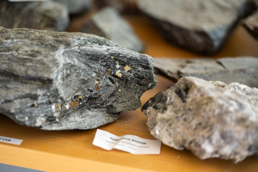 Lähikuva harmaasta kivilohkareesta vaalealla puutasolla. Kivessä on selvästi erottuvia, kiiltäviä ja kullanvärisiä kuutiomaisia kiteitä. Kiven edessä on pieni valkoinen paperilappu, jossa lukee "Pampalon kaivos". Taustalla näkyy muita epätarkkoja kivinäytteitä.