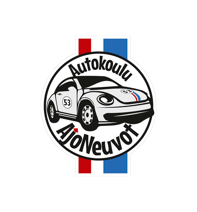 Autokoulu AjoNeuvot -yrityksen logo. Logossa on valkoinen, pyöreä tunnus mustalla kehyksellä. Kehyksen sisällä on tyylitelty, mustavalkoinen piirroskuva Volkkari Kuplasta (Herbie, numero 53). Tunnuksen yläosassa lukee kaarevasti teksti "Autokoulu" ja alaosassa kaarevasti "AjoNeuvot". Taustalla on valko-punainen ja valko-sininen pystyraita, joka muistuttaa Ranskan lippua tai kilpa-auton raitoja.
