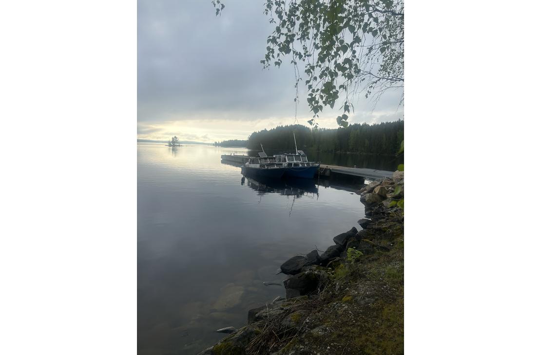 Iltapäivän valossa otettu kuva tyynestä rannasta, jossa sininen vene on kiinnitettynä laituriin puiden katveessa.
