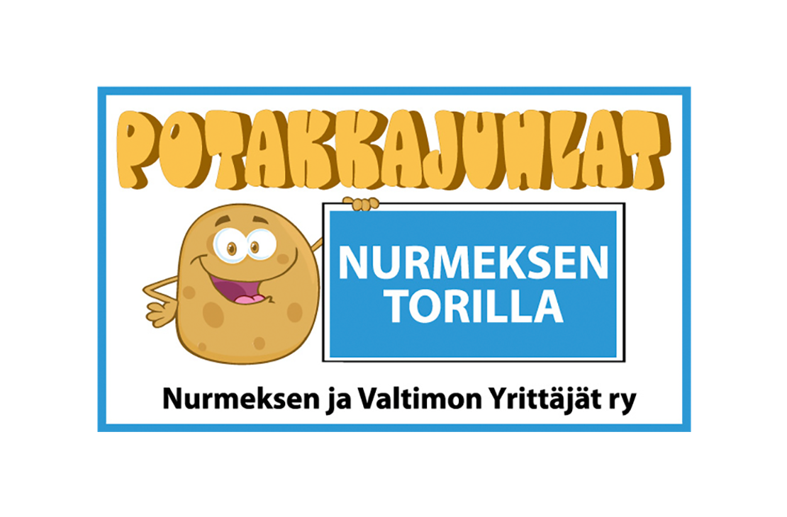Potakkajuhlat-tapahtuman mainos tai juliste. Yl&auml;osassa on suuri, pullistettu, ruskeanoranssi 3D-teksti "POTAKKAJUHLAT". Oikealla on sarjakuvamainen, iloinen peruna-hahmo (potakka) pitelem&auml;ss&auml; sinist&auml; kyltti&auml;, jossa lukee valkoisella, isolla tekstill&auml; "NURMEKSEN TORILLA". Alareunassa lukee mustalla tekstill&auml; "Nurmeksen ja Valtimon Yritt&auml;j&auml;t ry". Koko kuvan kehys on sininen ja valkoinen.