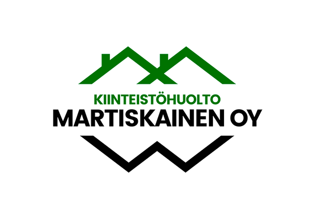 Kiinteistöhuolto Martiskainen Oy -yrityksen logo. Logon yläosassa on tummanvihreä, abstrakti katon tai talon muotoinen kuvio. Keskellä lukee valkoisella tekstillä, jonka alla on tummanvihreä varjostus, sana "KIINTEISTÖHUOLTO". Alimpana on suuri musta teksti "MARTISKAINEN OY", jonka alla on tyylitelty, kulmikas musta aaltoviiva.
