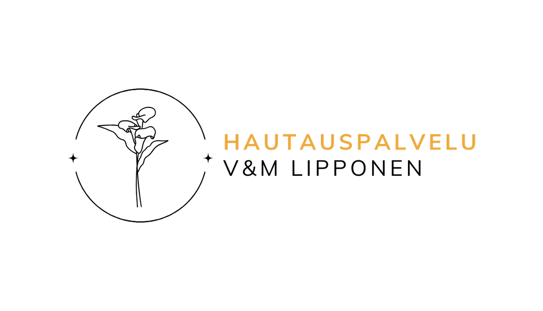 Hautauspalvelu V&M Lipponen -yrityksen logo. Logossa on tumma suorakulmainen pohja. Keskellä lukee suurella fontilla teksti "HAUTAUSPALVELU", jossa kirjaimet ovat oranssin, keltaisen ja harmaan sävyisiä. Teksti "V&M LIPPONEN" on todennäköisesti näkymättömissä tai pienemmällä fontilla samassa tummassa osassa. Logo on mustalla taustalla.