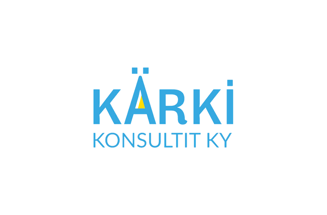 Kärki Konsultit Ky -yrityksen logo. Ylärivillä lukee isolla, vaaleansinisellä fontilla sana "KÄRKI". Sanan "R" -kirjaimen sisällä on pieni keltainen kolmio kärkenä. Sen alapuolella lukee pienemmällä, vaaleansinisellä fontilla teksti "KONSULTIT KY". Logo on valkoisella taustalla.