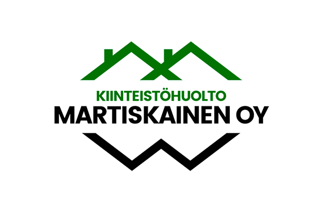 Kiinteist&ouml;huolto Martiskainen Oy -yrityksen logo. Logon yl&auml;osassa on tummanvihre&auml;, abstrakti katon tai talon muotoinen kuvio. Keskell&auml; lukee valkoisella tekstill&auml;, jonka alla on tummanvihre&auml; varjostus, sana "KIINTEIST&Ouml;HUOLTO". Alimpana on suuri musta teksti "MARTISKAINEN OY", jonka alla on tyylitelty, kulmikas musta aaltoviiva.
