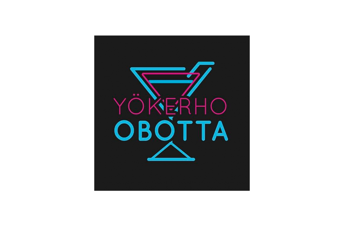 Y&ouml;kerho Obotta -yrityksen logo. Logossa on musta, neli&ouml;nmuotoinen tausta. Yl&auml;osassa on tyylitelty, neon-henkinen, p&auml;&auml;llekk&auml;in aseteltu cocktail-lasin &auml;&auml;riviivapiirros turkoosina ja fuksianpunaisena. Sen alla on teksti kahdella rivill&auml;: yl&auml;rivill&auml; fuksianpunaisella ohuella fontilla "Y&Ouml;KERHO" ja alarivill&auml; turkoosinsinisell&auml; ohuella fontilla "OBOTTA". Tekstin alla on turkoosinsininen kolmio.