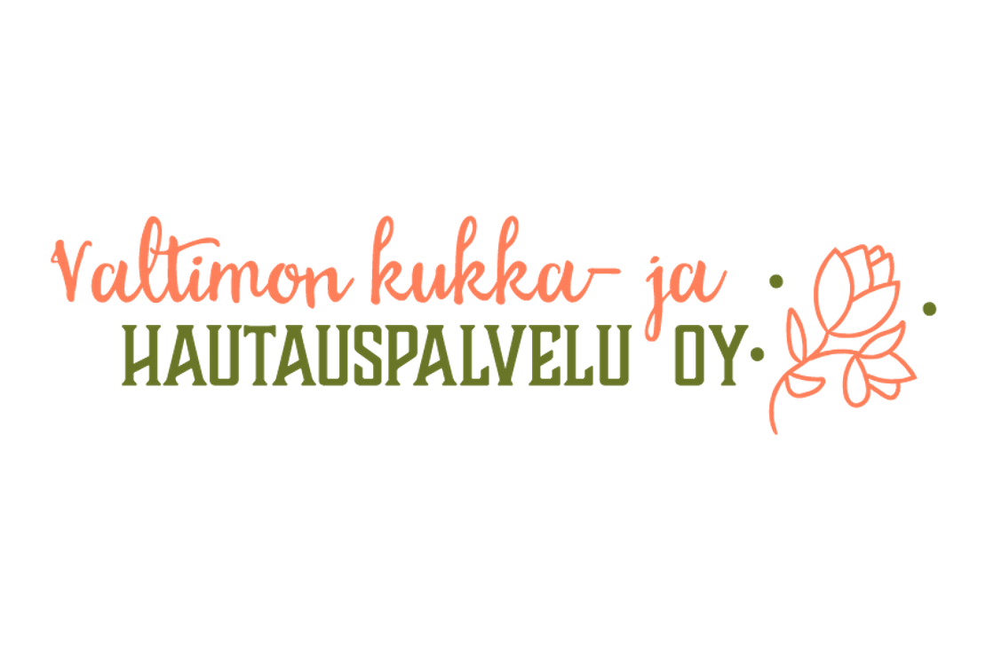 Valtimon Kukka- ja Hautauspalvelu Oy -yrityksen logo. Vasemmalla on kaksi riviä tekstiä: ylärivillä oranssinpunaisella, kursivoidulla, käsinkirjoitetun näköisellä fontilla teksti "Valtimon kukka- ja". Alarivillä on tummanvihreällä, paksulla, isolla fontilla teksti "HAUTAUSPALVELU OY". Oikealla on tyylitelty, oranssinpunainen ruusun tai kukan ääriviivapiirros, jota ympäröi tummanvihreitä pisteitä. Logo on valkoisella taustalla.