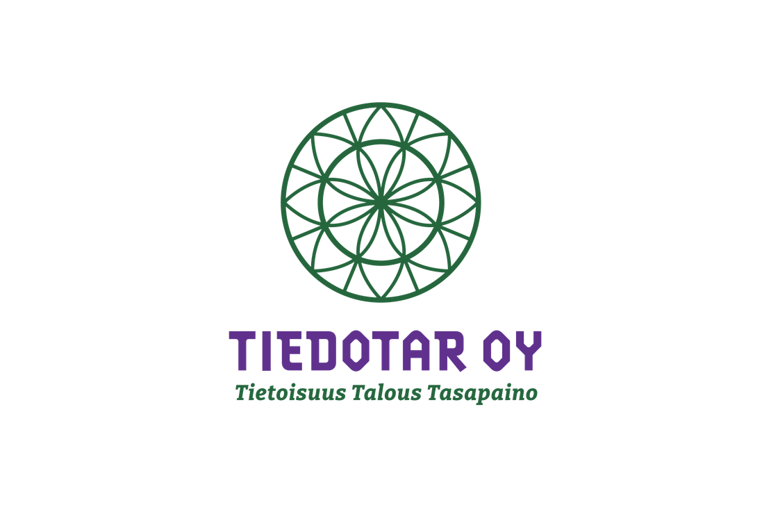 Tiedotar Oy -yrityksen logo. Yläosassa on tummanvihreä, tyylitelty, geometrinen, kukkaa tai spiraalia muistuttava ympyränmuotoinen kuvio (mahdollisesti Elämän kukka -symboli). Tämän alapuolella on suuri, violetti teksti "TIEDOTAR OY" isolla, paksulla fontilla. Alimpana on pienemmällä, tummanvihreällä, kursivoidulla fontilla teksti "Tietoisuus Talous Tasapaino". Logo on valkoisella taustalla.