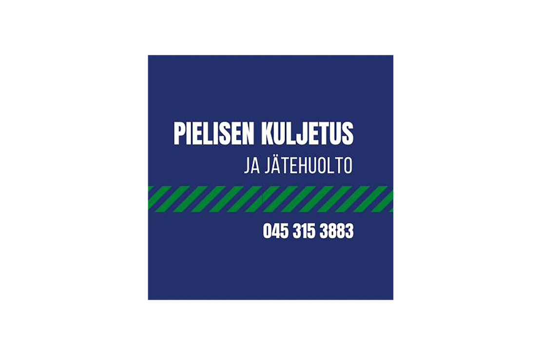 Pielisen Kuljetus ja Jätehuolto -yrityksen mainos tai tunnus. Tausta on tummansininen. Yläosassa on kaksi riviä valkoista tekstiä: ylärivillä isolla, lihavoidulla fontilla "PIELISEN KULJETUS" ja alarivillä pienemmällä fontilla "JA JÄTEHUOLTO". Keskellä on vaakasuora palkki, jossa on vinottain sijoitettuja, tummanvihreitä raitoja. Alhaalla lukee valkoisella, lihavoidulla fontilla puhelinnumero: "045 315 3883".