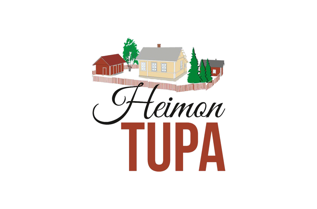 Heimon Tupa -yrityksen logo. Logossa on yläosassa piirroskuva perinteisestä suomalaisesta pihapiiristä, jossa on keltaisia ja punaisia puurakennuksia ja valkoinen puuaita. Rakennusten ympärillä on vihreitä lehti- ja havupuita. Kuvan alapuolella on teksti: mustalla, kursivoidulla, koristeellisella fontilla sana "Heimon" ja suurella, tummanruskealla, paksulla fontilla sana "TUPA".