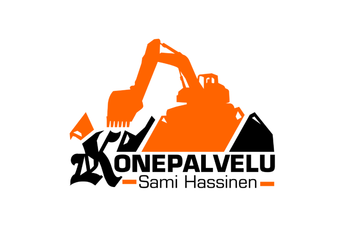 Konepalvelu Sami Hassinen -yrityksen logo. Logossa on oranssinvärinen kaivinkoneen siluetti kaivamassa maata mustalla taustalla. Kaivinkone on kuvattu sivulta ja sen kauha on maata vasten. Logon alaosassa on tyylitelty, epäselvä tumma teksti tai yrityksen nimi, joka sisältää sanat "Konepalvelu" ja "Sami Hassinen".