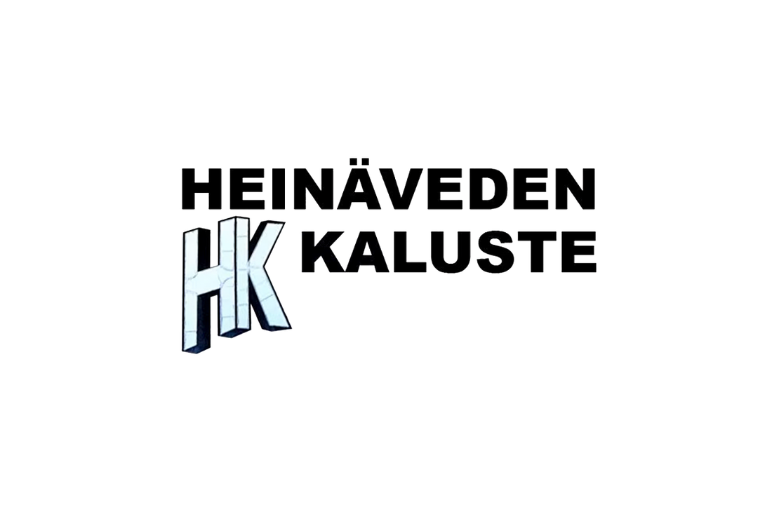 Heinäveden Kaluste -yrityksen logo. Ylärivillä lukee isolla, mustalla, isoin kirjaimin kirjoitetulla fontilla sana "HEINÄVEDEN". Sen alapuolella on vasemmalla kaksi tyyliteltyä, 3D-efektillä piirrettyä kirjainta "H" ja "K" vaaleansinisinä. Kirjainten oikealla puolella lukee samalla mustalla, isolla fontilla sana "KALUSTE". Logo on valkoisella taustalla.