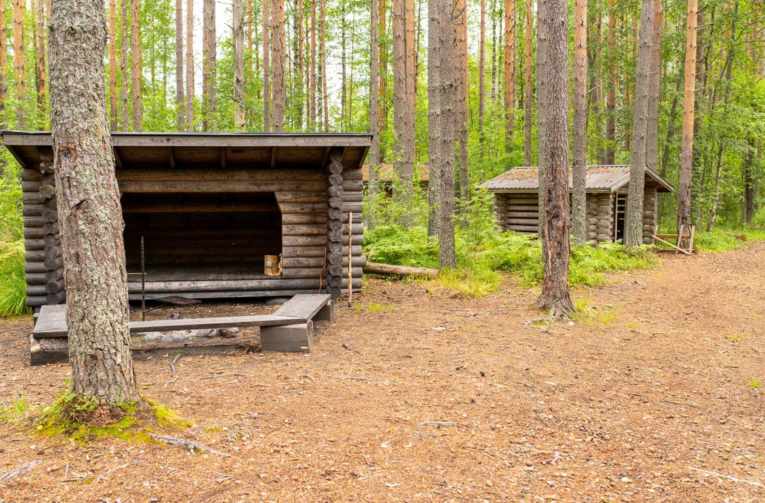Retkeilyalueen taukopaikka havumetsän siimeksessä. Etualalla on puinen laavu nuotiopaikkoineen ja taustalla häämöttää pieni puurakennus.