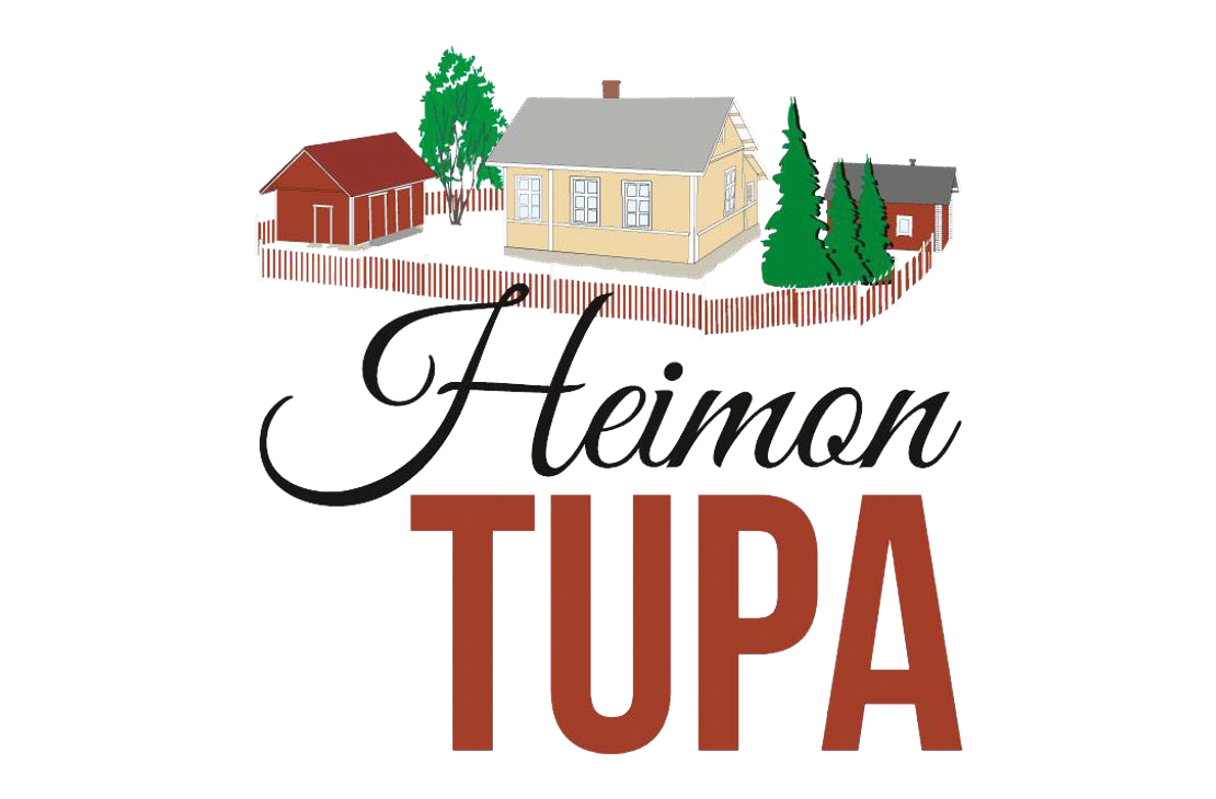 Heimon Tupa -yrityksen logo. Logossa on yläosassa piirroskuva perinteisestä suomalaisesta pihapiiristä, jossa on keltaisia ja punaisia puurakennuksia ja valkoinen puuaita. Rakennusten ympärillä on vihreitä lehti- ja havupuita. Kuvan alapuolella on teksti: mustalla, kursivoidulla, koristeellisella fontilla sana "Heimon" ja suurella, tummanruskealla, paksulla fontilla sana "TUPA".