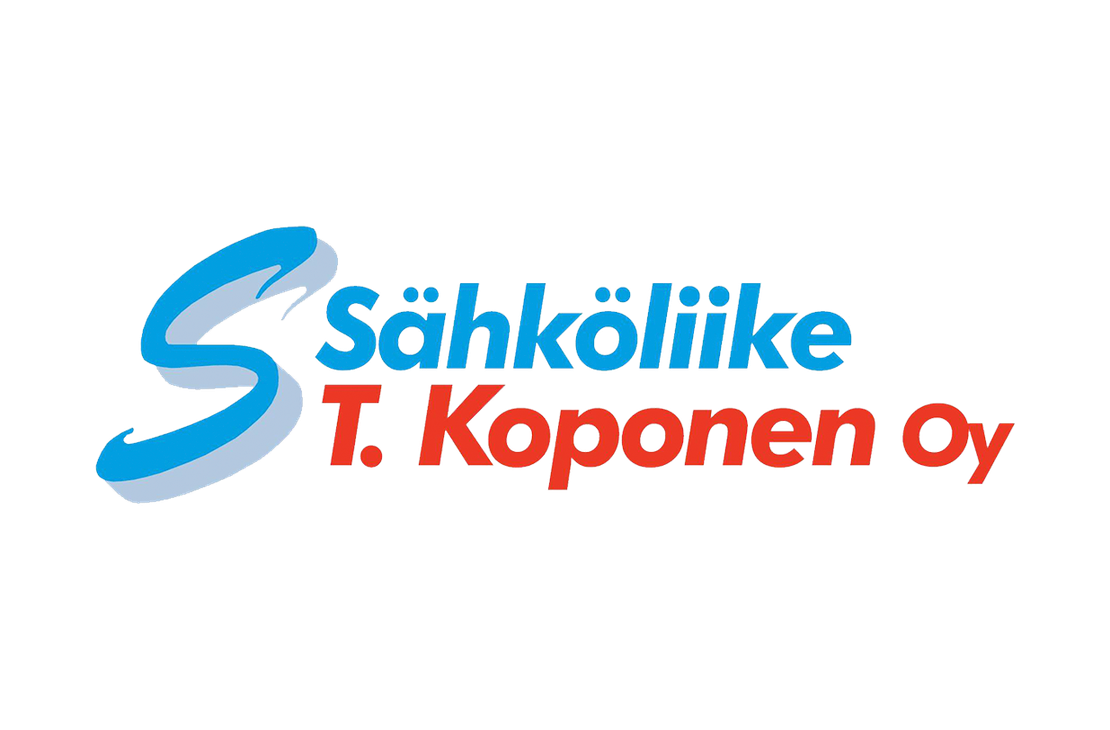 Sähköliike T. Koponen Oy -yrityksen logo. Vasemmalla on suuri, tyylitelty, sininen S-kirjain. Sen oikealla puolella on kaksi riviä tekstiä: ylärivillä sinisellä, pienemmällä fontilla "Sähköliike" ja alarivillä suuremmalla, kirkkaanpunaisella fontilla "T. Koponen Oy". Logo on valkoisella taustalla.