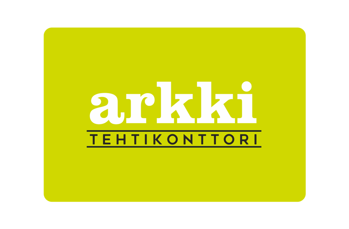 Arkki Tehtikonttori -yrityksen logo. Logo on sijoitettu limevihreälle tai kelta-vihreälle pohjalle, jonka kulmat on pyöristetty. Ylhäällä on suuri, valkoinen, paksulla serif-fontilla kirjoitettu teksti "arkki". Tämän alapuolella on ohut musta viiva, ja sen alla tummalla, isoin kirjaimin kirjoitettu teksti "TEHTIKONTTORI".