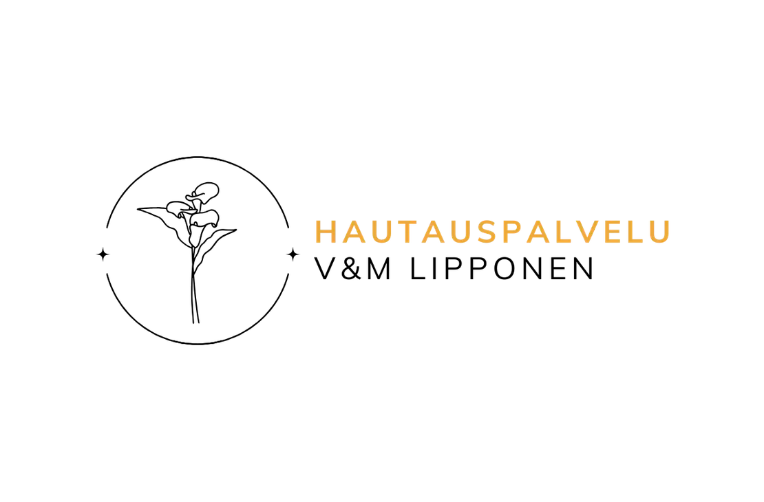 Hautauspalvelu V&M Lipponen -yrityksen logo. Logossa on tumma suorakulmainen pohja. Keskellä lukee suurella fontilla teksti "HAUTAUSPALVELU", jossa kirjaimet ovat oranssin, keltaisen ja harmaan sävyisiä. Teksti "V&M LIPPONEN" on todennäköisesti näkymättömissä tai pienemmällä fontilla samassa tummassa osassa. Logo on mustalla taustalla.