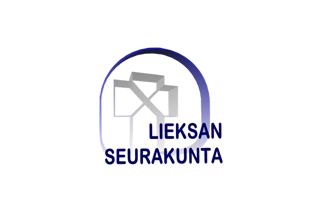 Lieksan seurakunnan logo. Sinisellä ja valkoisella värillä toteutettu graafinen merkki, jossa on tyylitelty risti- ja rakennusaihe sekä teksti "LIEKSAN SEURAKUNTA".