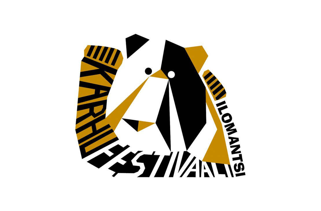 Ilomantsin Karhufestivaalin logo, joka on tyylitelty, abstrakti karhun pään muotoinen kuva. Logo on toteutettu mustan, valkoisen ja kullanruskean väreillä, ja se on koottu terävistä, geometrisista paloista. Karhun muodon sisään ja ympärille on integroitu teksti "KARHU", "FESTIVAALI" ja "ILOMANTSI" pystysuunnassa. Logo on sijoitettu valkoiselle taustalle.