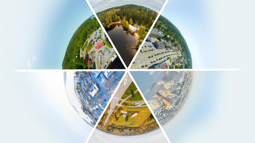 Kolmioista koottu kuvakollaasi, joka esittää kuutta erilaista "tiny planet" -tyylistä 360-ilmakuvaa. Kuvat näyttävät erilaisia paikkoja ja vuodenaikoja, kuten keskustaa, syksyistä järvimaisemaa ja lumista aluetta.